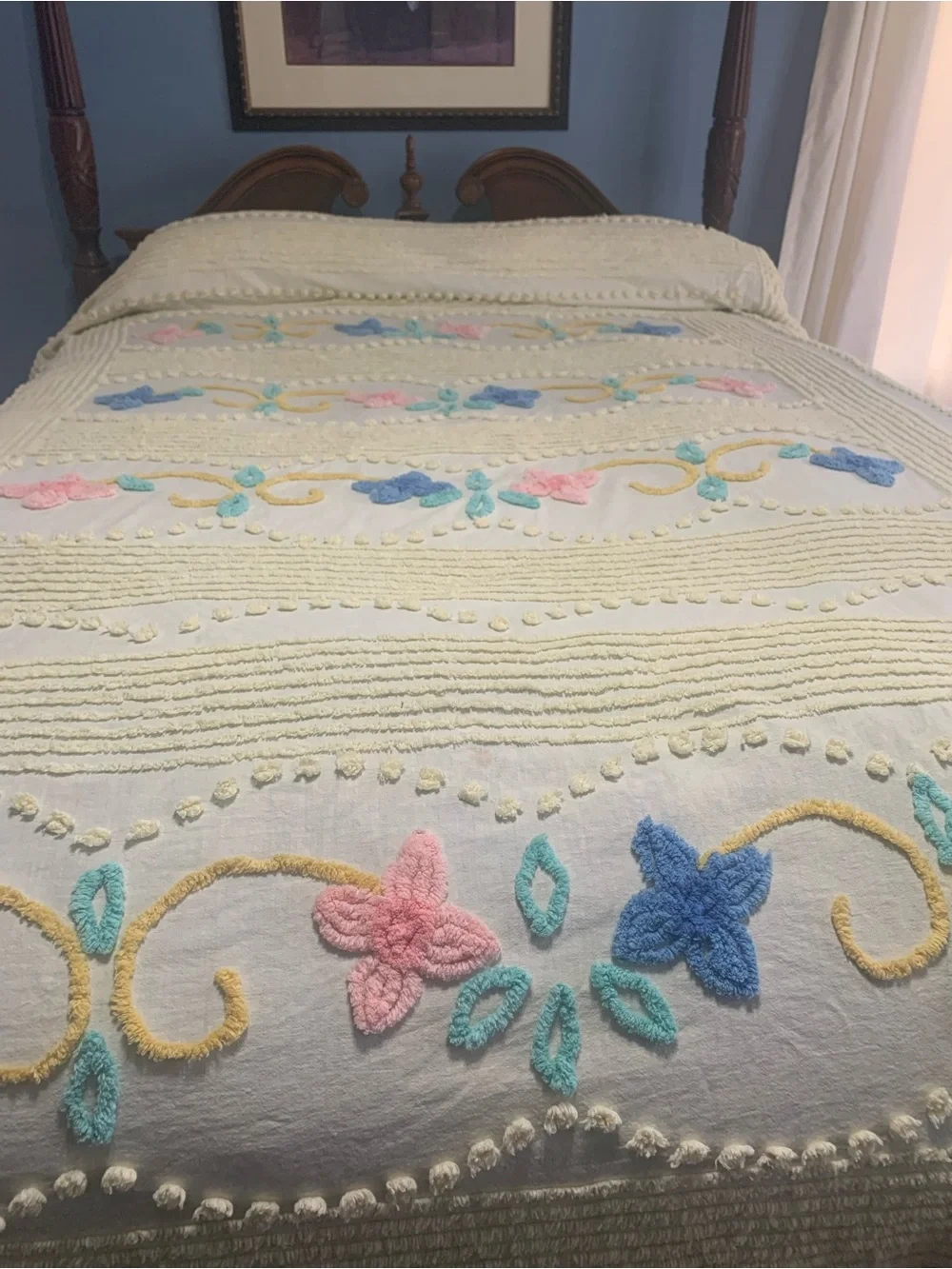 Vintage-Style soft yellow Chenille Bedspread with Pastel Floral Accents